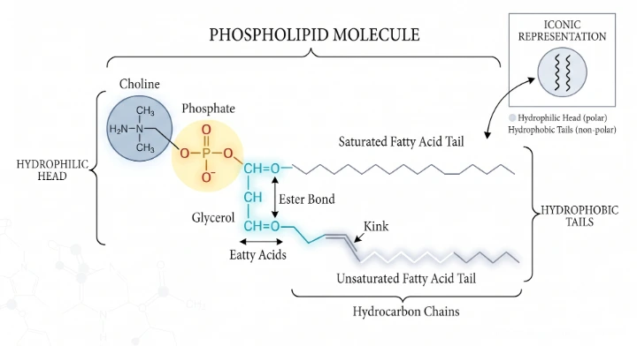 Chemical structure diagram of a phospholipid molecule showing the hydrophilic head, glycerol backbone, and hydrophobic tails.